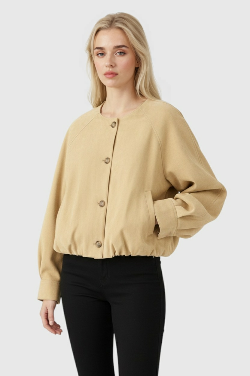 Victoria | Timeless Khaki Jacket with O-Neck Design - Lumina