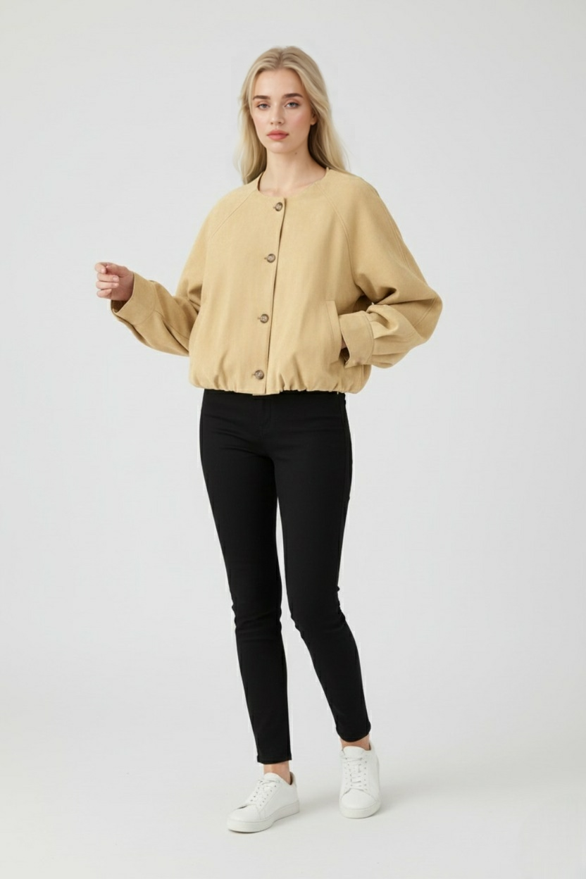 Victoria | Timeless Khaki Jacket with O-Neck Design - Lumina