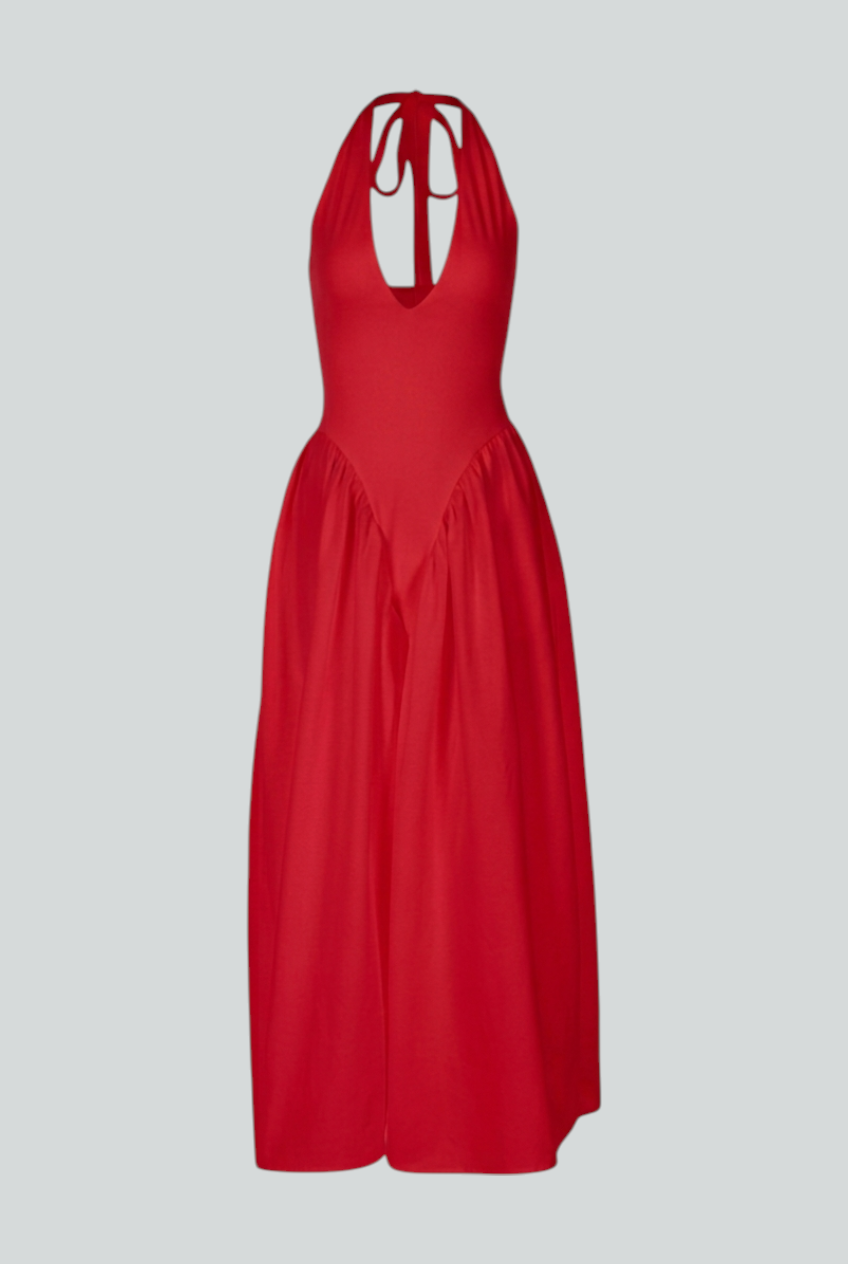 Victoria | Vibrant Red Midi Cocktail Dress with Sculpted Fit - Lumina
