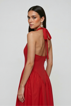 Victoria | Vibrant Red Midi Cocktail Dress with Sculpted Fit - Lumina