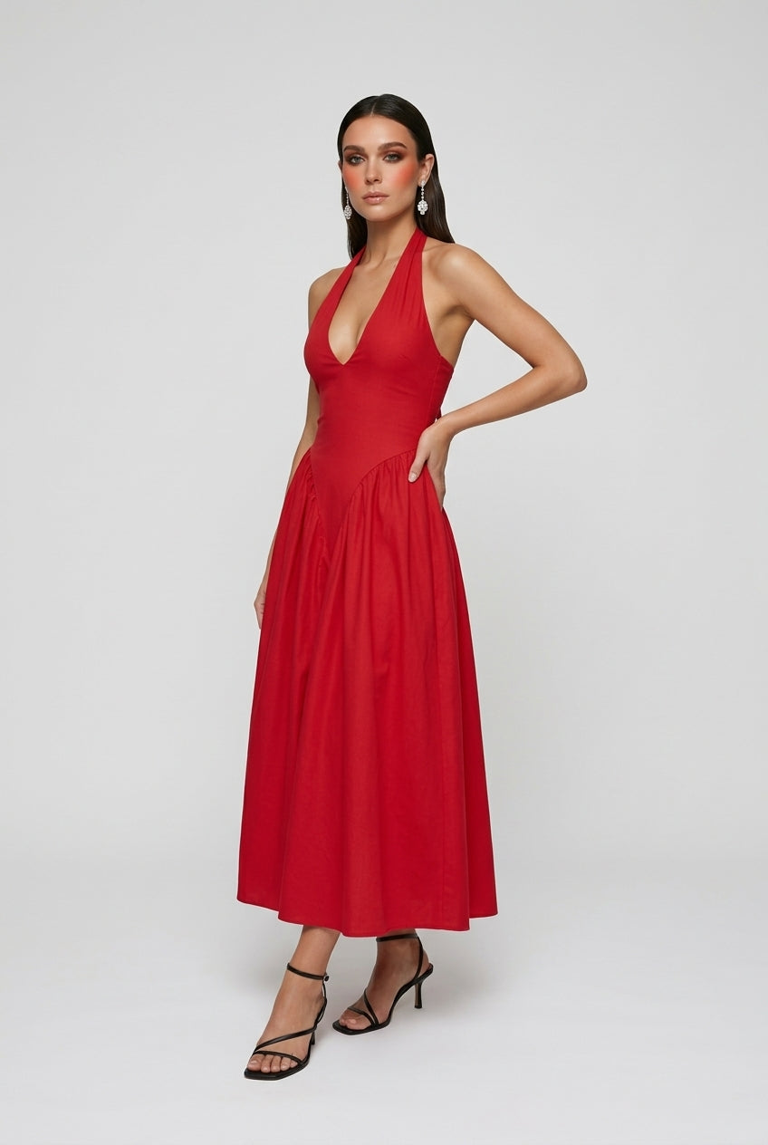 Victoria | Vibrant Red Midi Cocktail Dress with Sculpted Fit - Lumina