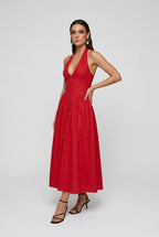 Victoria | Vibrant Red Midi Cocktail Dress with Sculpted Fit - Lumina
