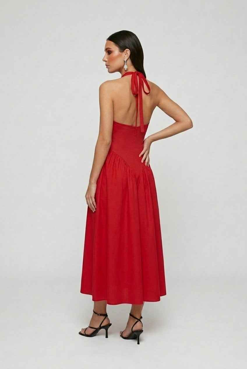 Victoria | Vibrant Red Midi Cocktail Dress with Sculpted Fit - Lumina