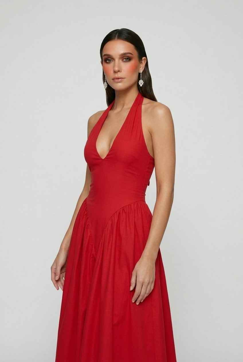Victoria | Vibrant Red Midi Cocktail Dress with Sculpted Fit - Lumina