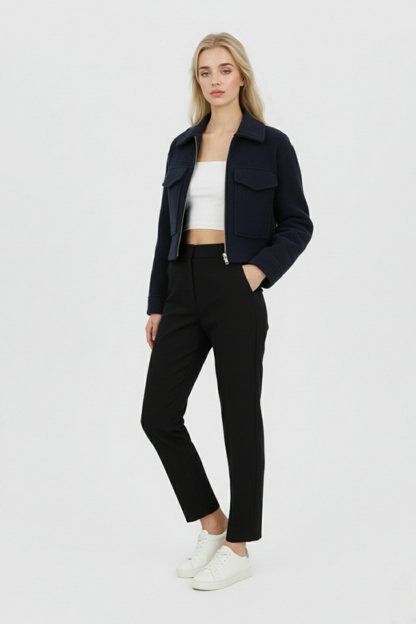 Victoria | Vintage Navy Zip Jacket with Classic Lapel - Lumina